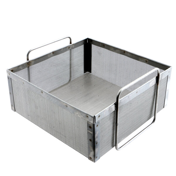 A stainless steel metal basket with handles.