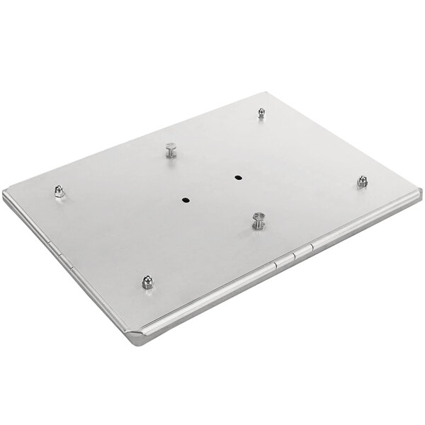 A silver metal rectangular door weldment with screws.