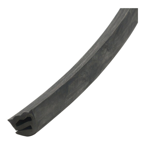 A close-up of a black rubber strip with a curved edge.