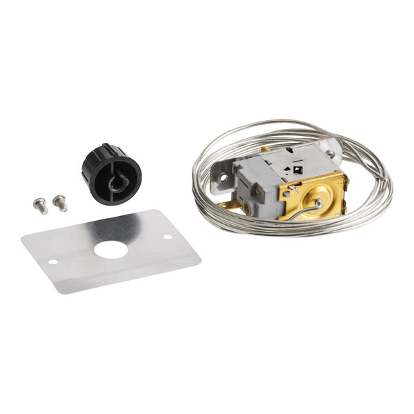 A set of mechanical components including a coiled metal wire, a metal plate with a hole, a black plastic knob, two screws, and a small metal device.