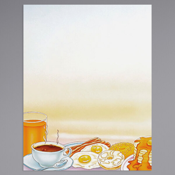 Menu paper with a rooster design and a breakfast menu with eggs, bacon, and coffee.