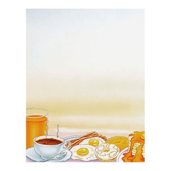 A sheet of menu paper featuring a breakfast-themed illustration with coffee, orange juice, eggs, bacon, a muffin, and pancakes along the bottom edge.