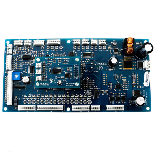 A blue Prince Castle Main Board with many small white and silver components.