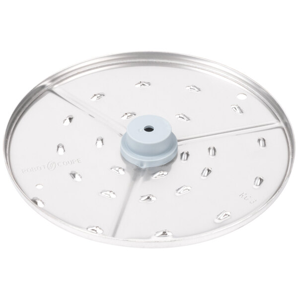 A Robot Coupe 1/8" grating/shredding disc, a circular metal disc with small holes.