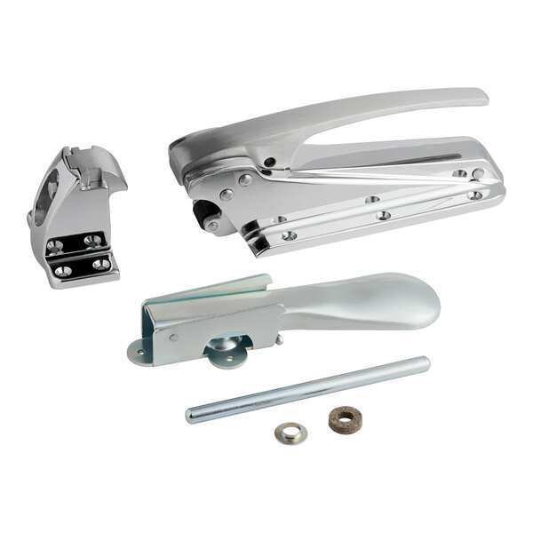 A chrome latch kit with a strike, handle, rod, and mounting hardware.