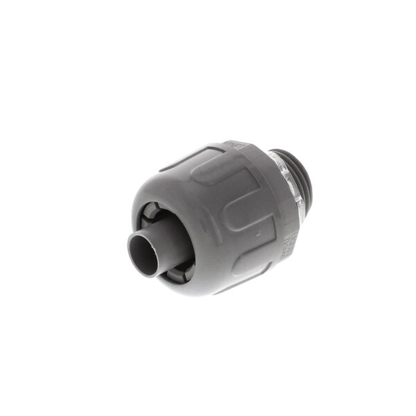 A grey plastic pipe with a black cap and a grey plastic hose nozzle.