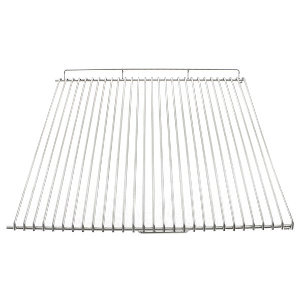 A white metal rack support with a metal grid.