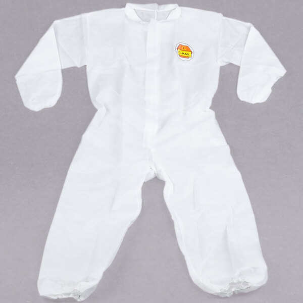 A white Cordova coverall with a logo on it.