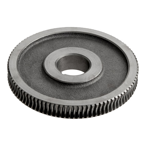 A round, metallic gear with a central hole and evenly spaced teeth along the outer edge.
