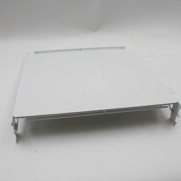 A white metal Master-Bilt cantilever shelf with metal rods.
