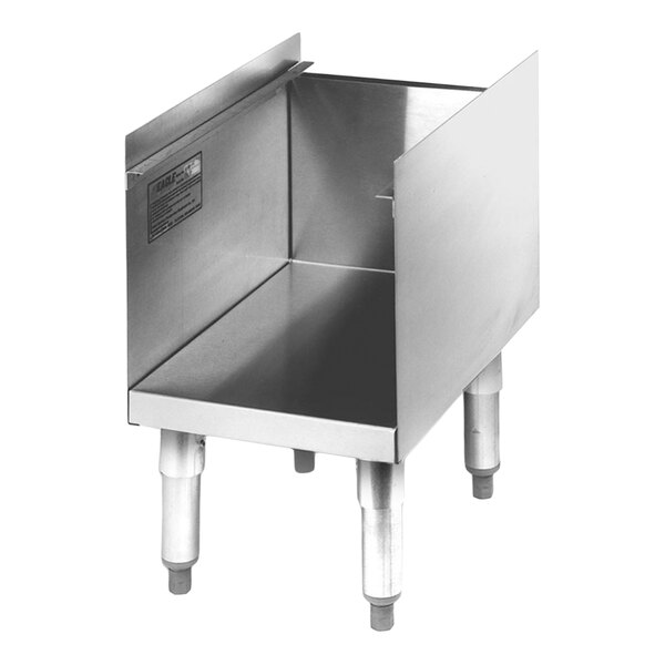 A stainless steel modular storage base with four legs and three raised sides, designed for underbar use.