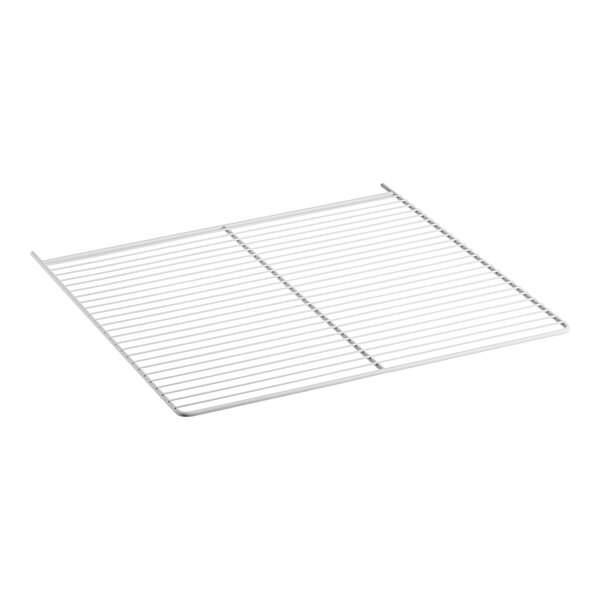 A white wire shelf with a grid of wire on top.