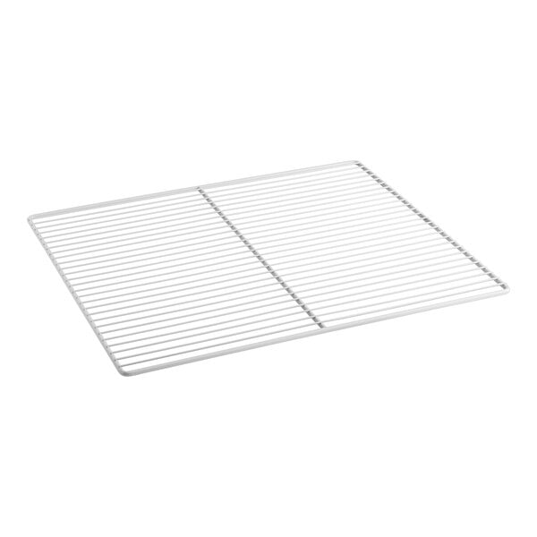 A white wire rack with a white metal grid.