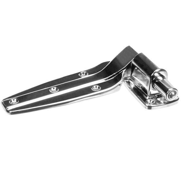 A chrome Master-Bilt hinge with screws.