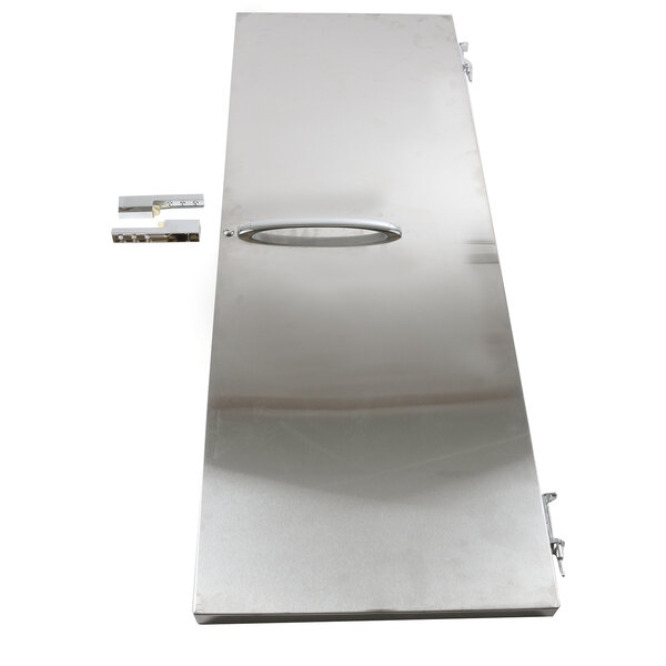 A close-up of a stainless steel Continental Refrigerator door with a latch.