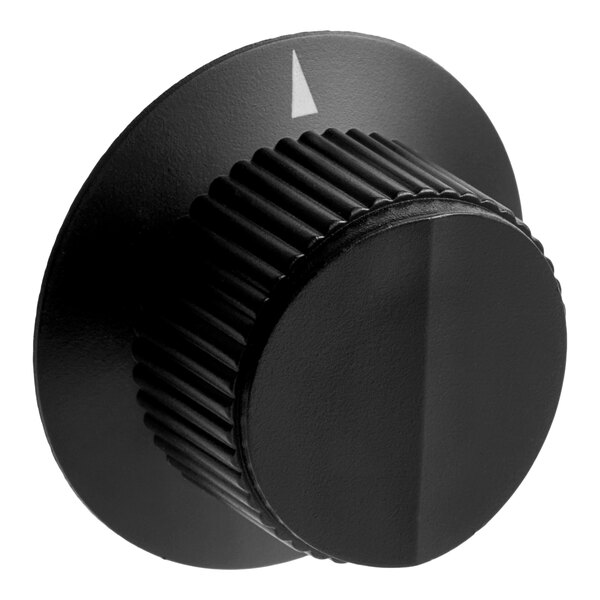 A black control knob with a ridged edge and a white indicator arrow, used for adjusting settings on equipment.