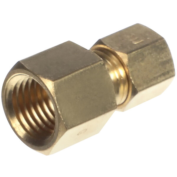 A close-up of a brass threaded female connector with a nut on one end.