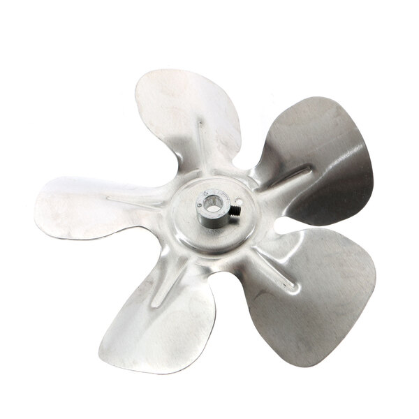 A silver metal Baxter fan blade.
