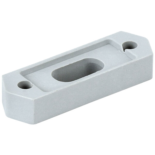 A white plastic rectangular Champion door rod support with two holes.