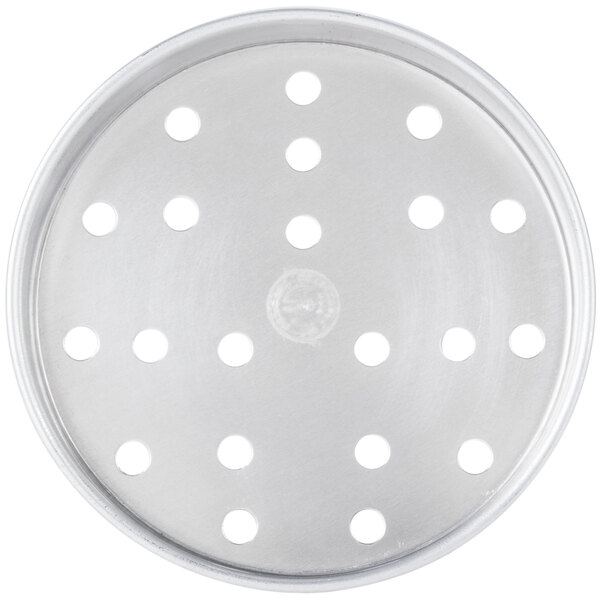 An American Metalcraft aluminum pizza pan with perforations in the bottom.