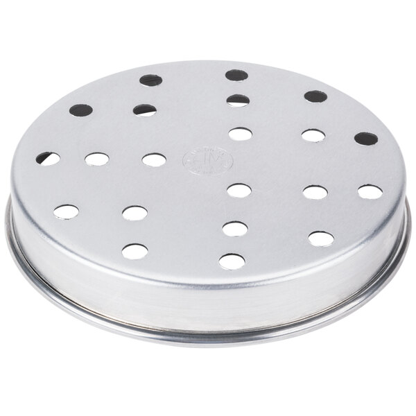 An American Metalcraft round aluminum pizza pan with holes in it.
