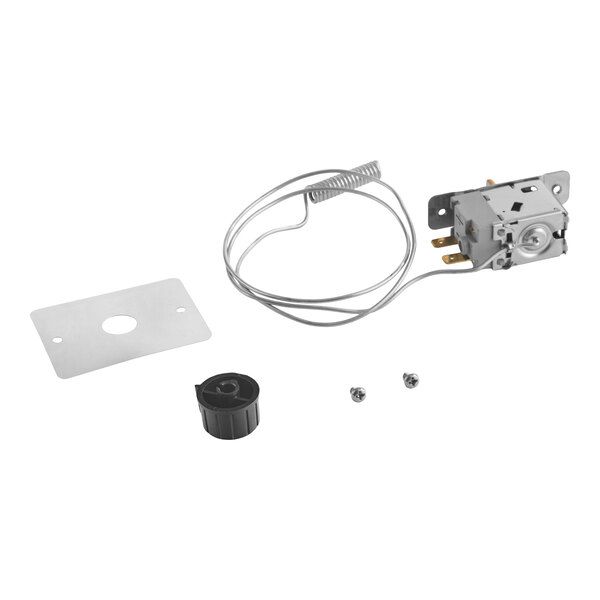 A metal temperature control unit with an attached coiled wire, a black plastic knob, a rectangular metal plate with a hole, and two small screws, all laid out on a white background.