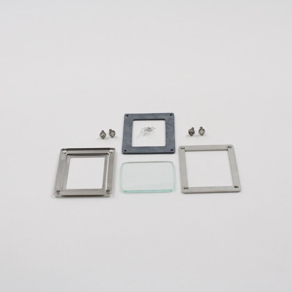A group of metal frames and screws with a white background.