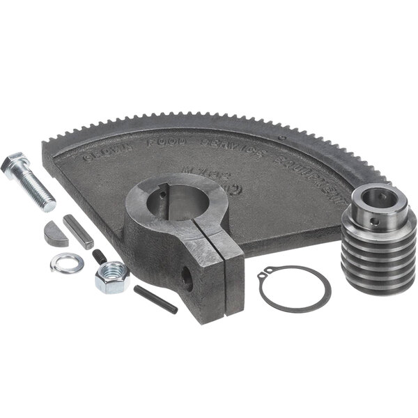 A metal gear and nut set with a screw for a Crown Steam worm and gear replacement kit.