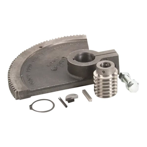 A Southbend 5393-1 worm and gear replacement kit with several metal components including a gear, worm, bolt, and small hardware pieces.