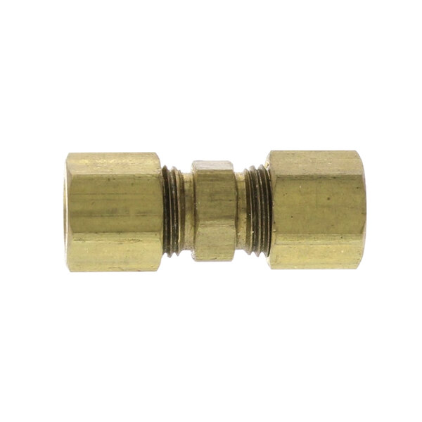 A close-up of a brass threaded male connector on a white background.