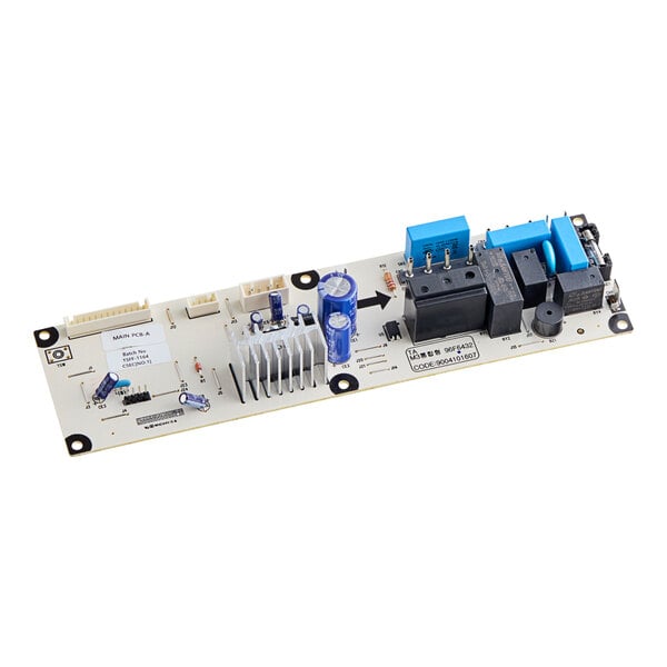 A close-up of a white electronic control board with blue and black components.