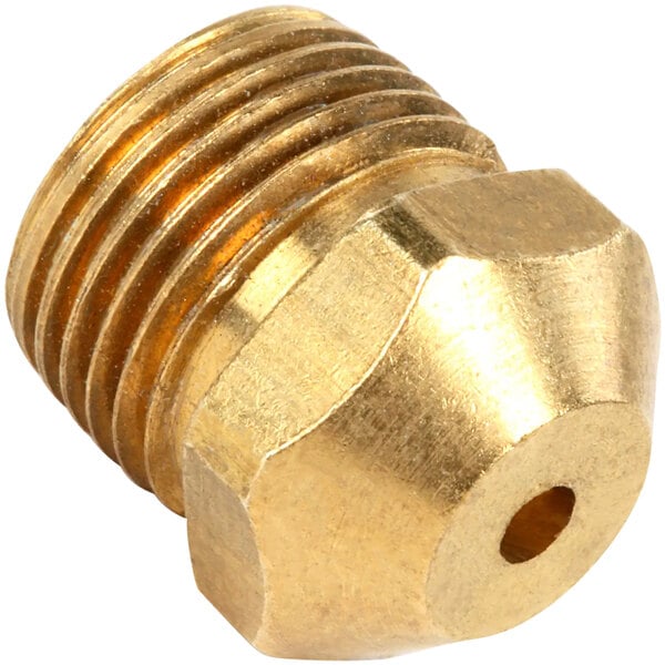 A brass threaded nut on a white background.