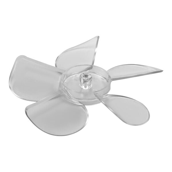 A clear plastic Delfield evaporator fan blade with four blades.