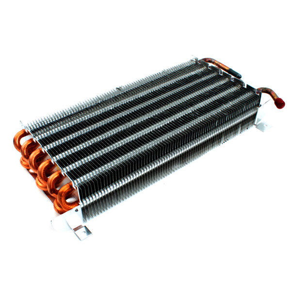 A Delfield evaporator coil with orange and black wires and copper pipes.