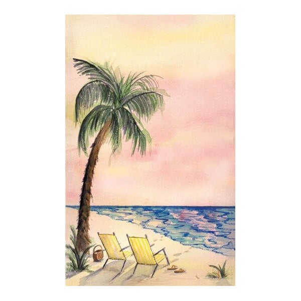 A watercolor-style illustration of a beach scene with a palm tree, two yellow lounge chairs, a basket, and a pink and yellow sky over the ocean.