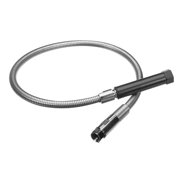 A stainless steel flexible hose with a black handle.