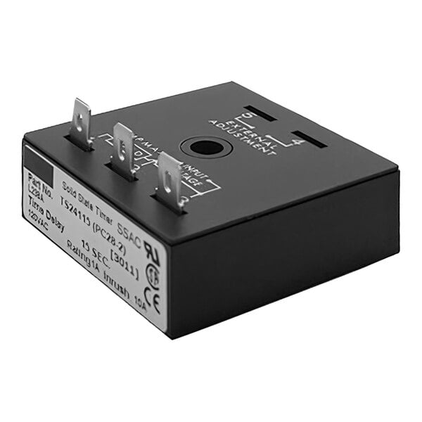 A black Grindmaster-Cecilware timer with white text and two wires.