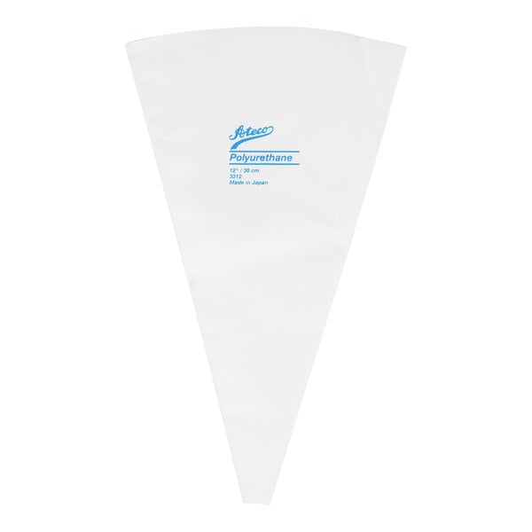 A white, triangular pastry bag with blue text printed near the top.