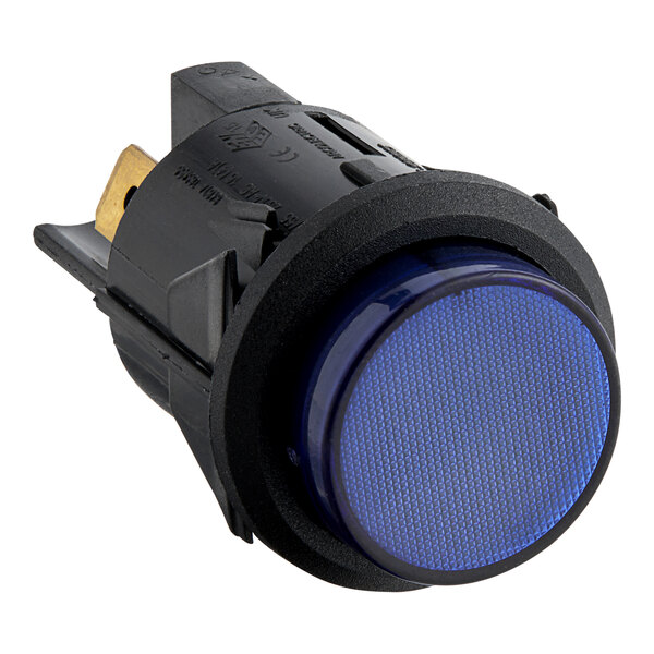 A blue push button switch with a black plastic holder.