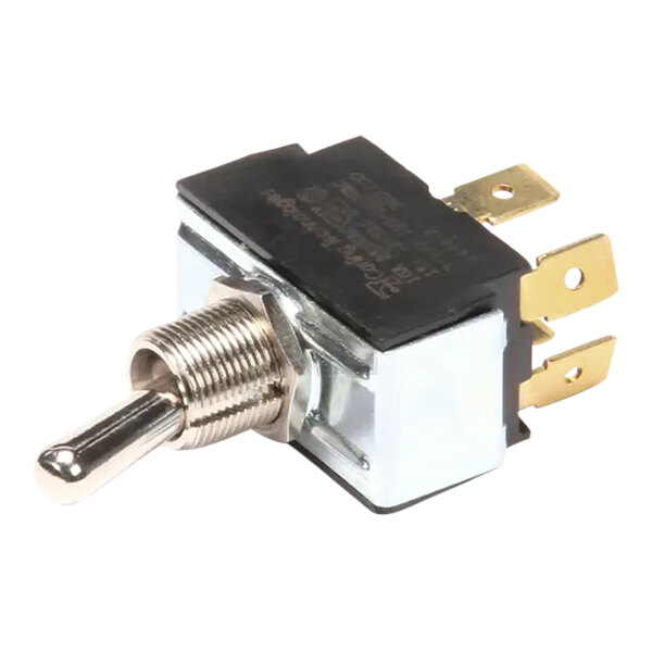 A close up of a Bakers Pride toggle switch with a metal handle.