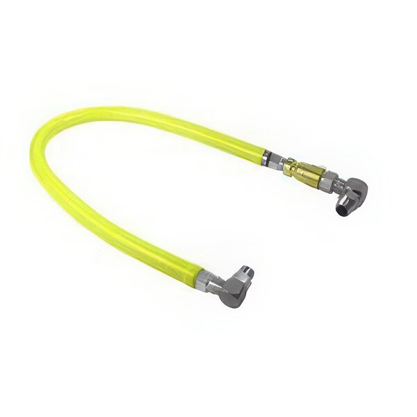 A yellow T&S Safe-T-Link gas hose with metal fittings.