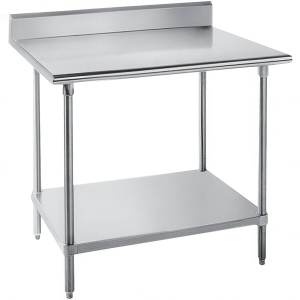 A stainless steel Advance Tabco work table with undershelf and backsplash.