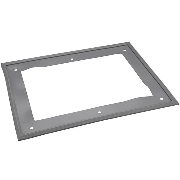 A rectangular gray metal gasket with holes.