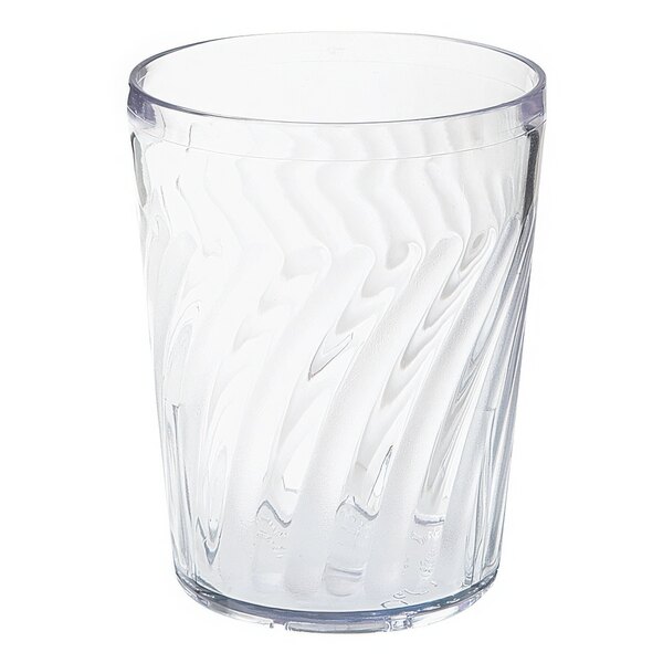A clear plastic tumbler with wavy lines.