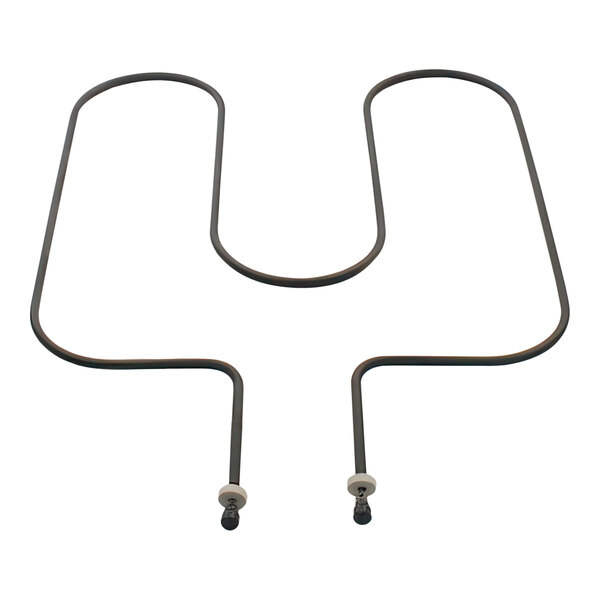 A pair of black metal Bakers Pride L1034X heating elements with a wire and white circle.