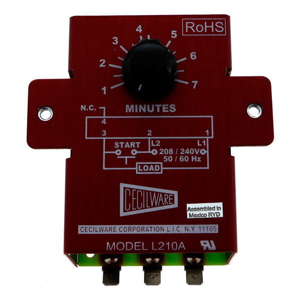 A Grindmaster-Cecilware red timer box with a black knob.