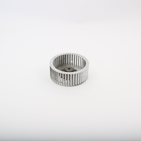 A silver metal circular blower wheel with a hole in the center on a white background.