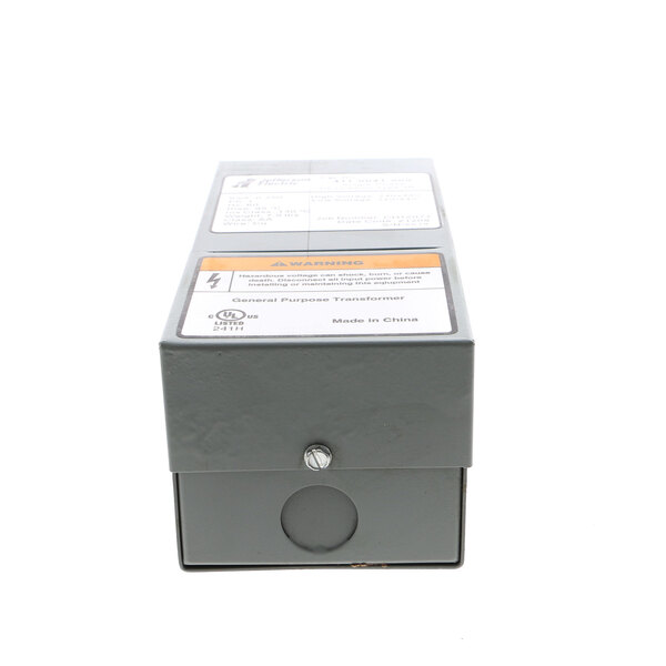 A close-up of a gray Bakers Pride transformer box with a label.