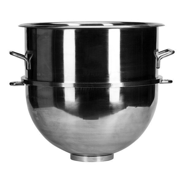 A large stainless steel mixing bowl with handles, designed for a 60-quart commercial mixer.