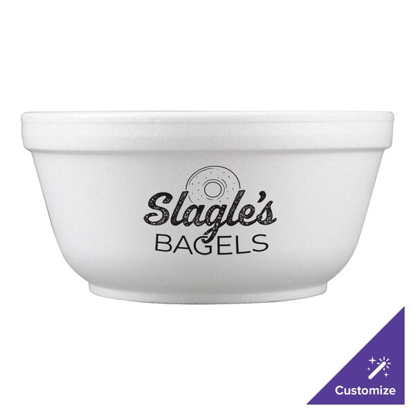 A white Dart foam container with black text that reads "Stage's Bagels"